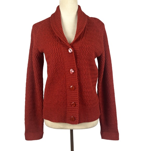Carole Little 100% Lambswool Cardigan Sweater Womens Large Collar Knit Rust Red - Picture 1 of 9